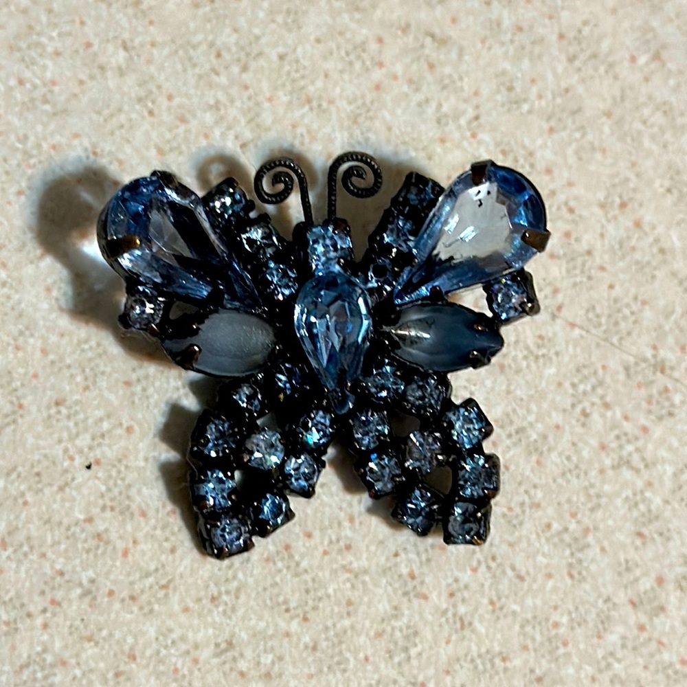 Vintage Weiss  butterfly black metal with blue crystals and rhinestones (641)